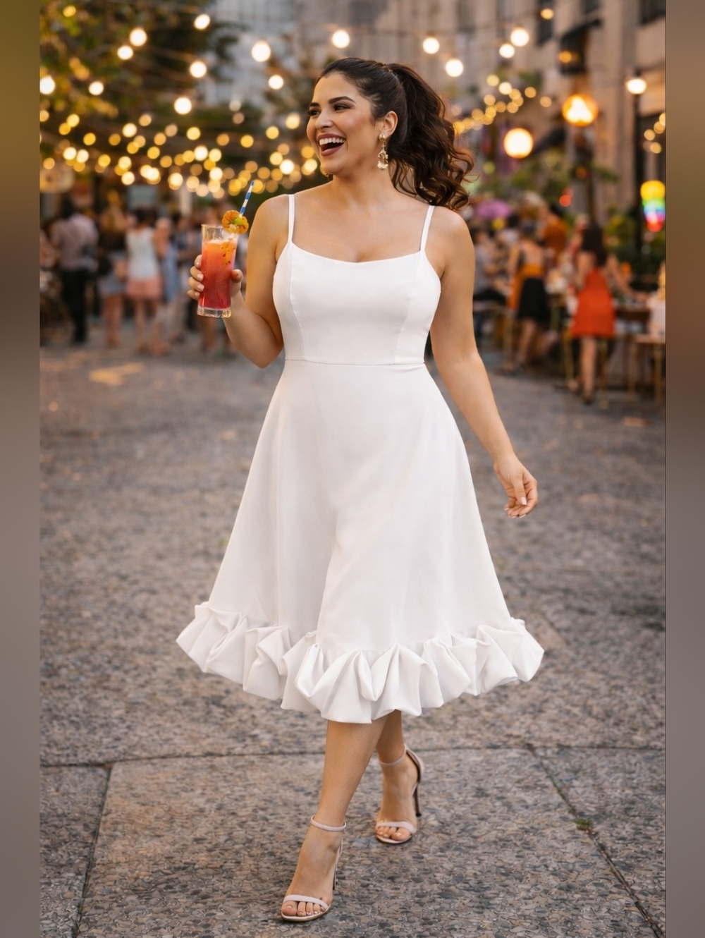 White Ruffle Hem Flounce Midi